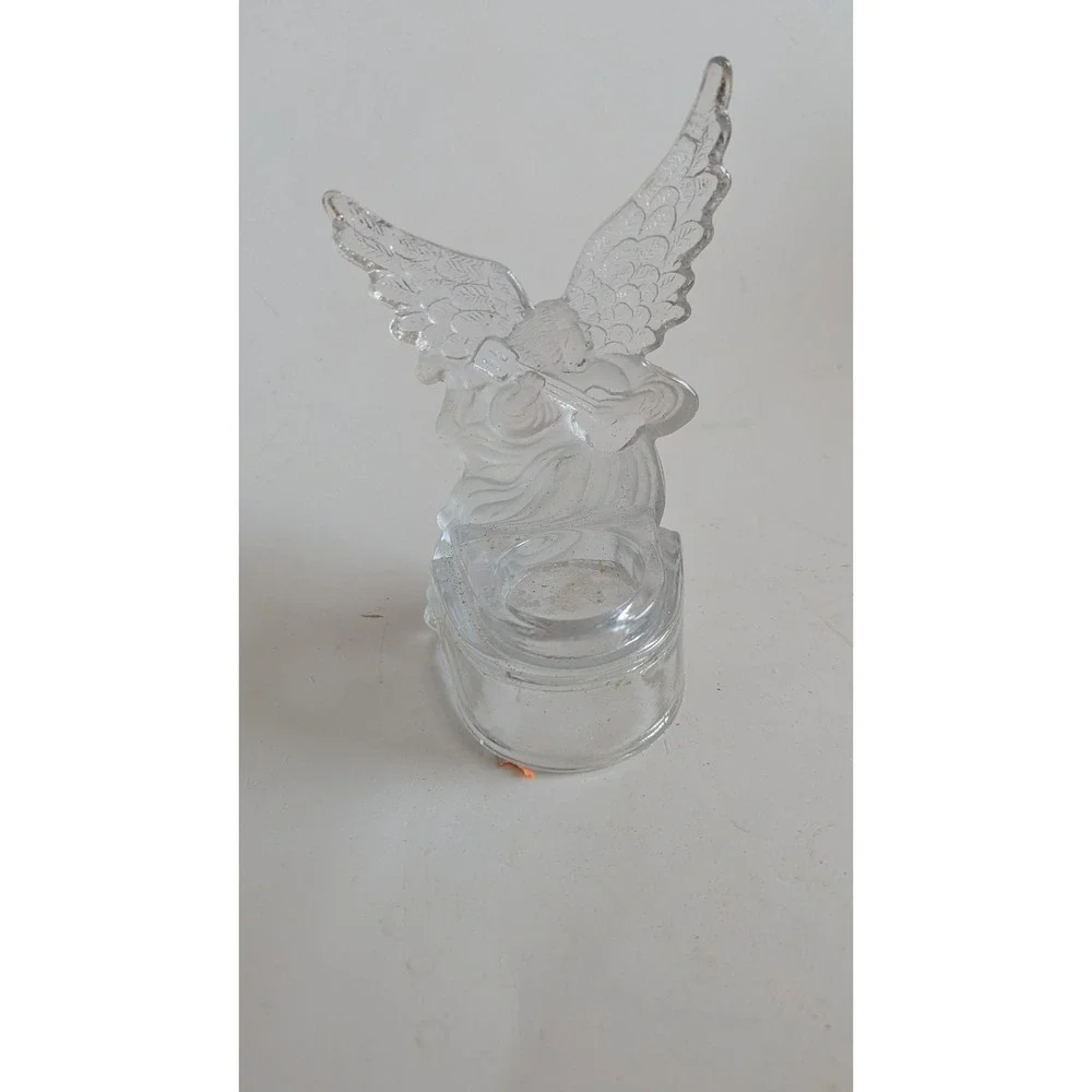 Frosted Glass Angel Playing Lute Candle Holder Figurine Clear Religious Decor